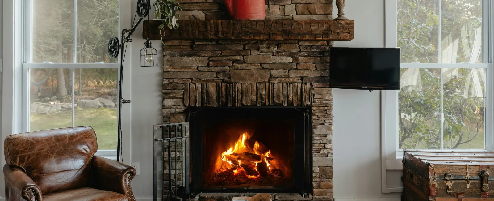 Cozy fireplace inside a Monroe GA living room during fall heating season