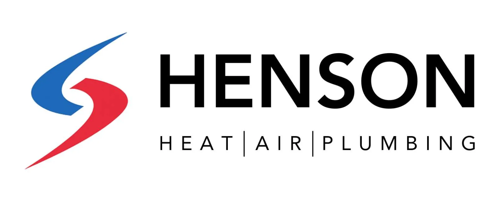 Henson logo with red and blue swoosh icon and text for heat, air, and plumbing services on white background