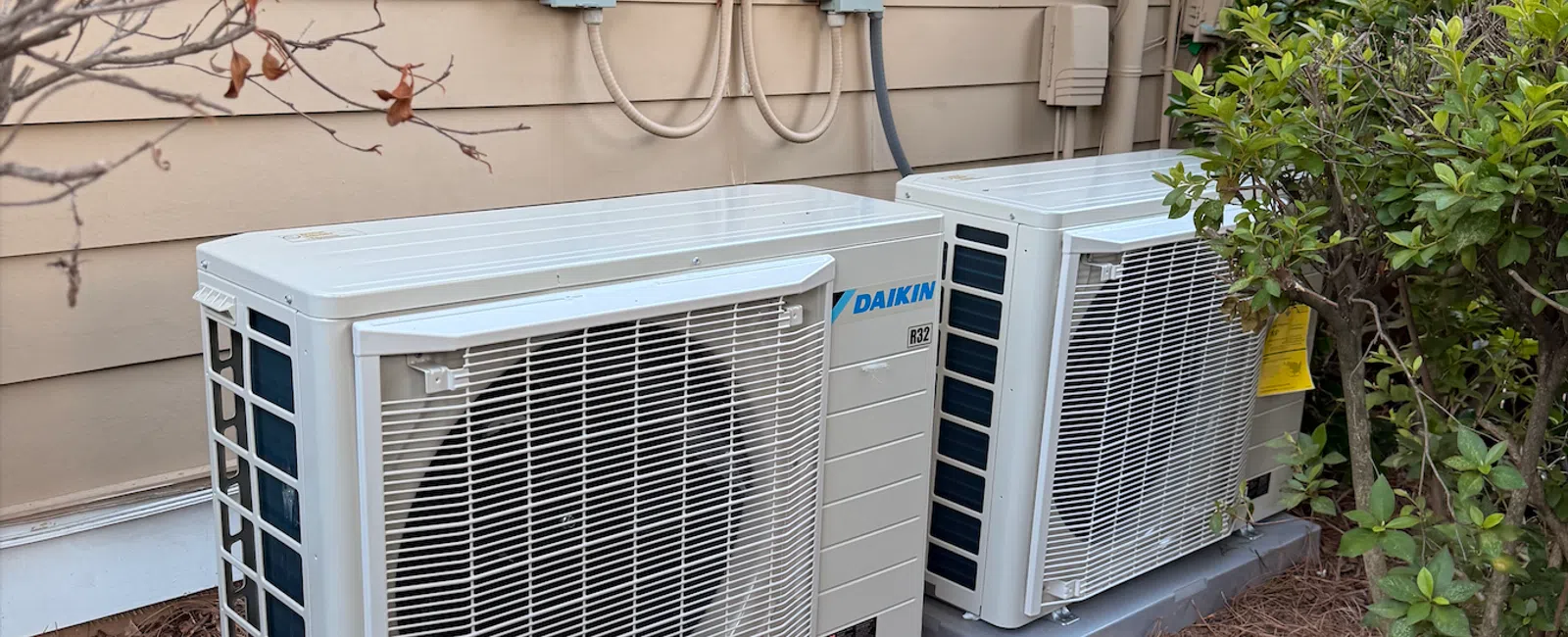 Two outdoor Daikin air conditioning units installed on a beige house exterior with nearby plants and pine straw mulch.