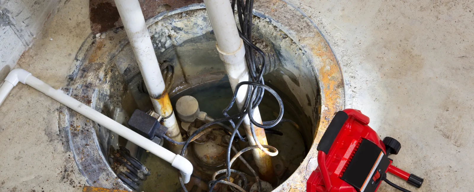 A sump pit featuring pipes and a pump setup for water drainage in a basement.