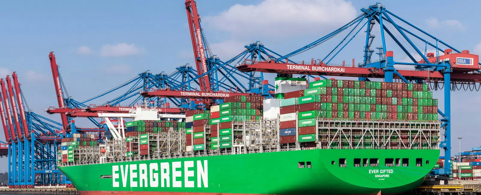 Large green Evergreen container ship loaded with cargo containers docked at Terminal Burchardkai port cranes.