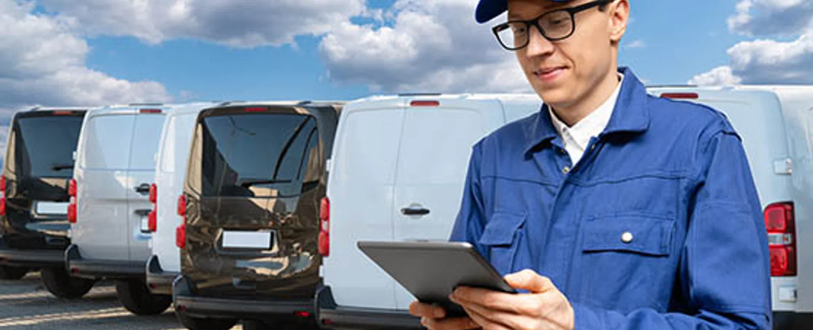 Delivery worker in blue uniform using tablet by a row of white and black delivery vans under cloudy sky