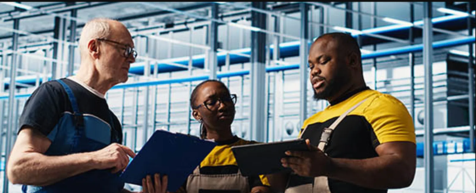 Three factory workers in uniforms discussing work using a clipboard and tablet inside a modern industrial facility.