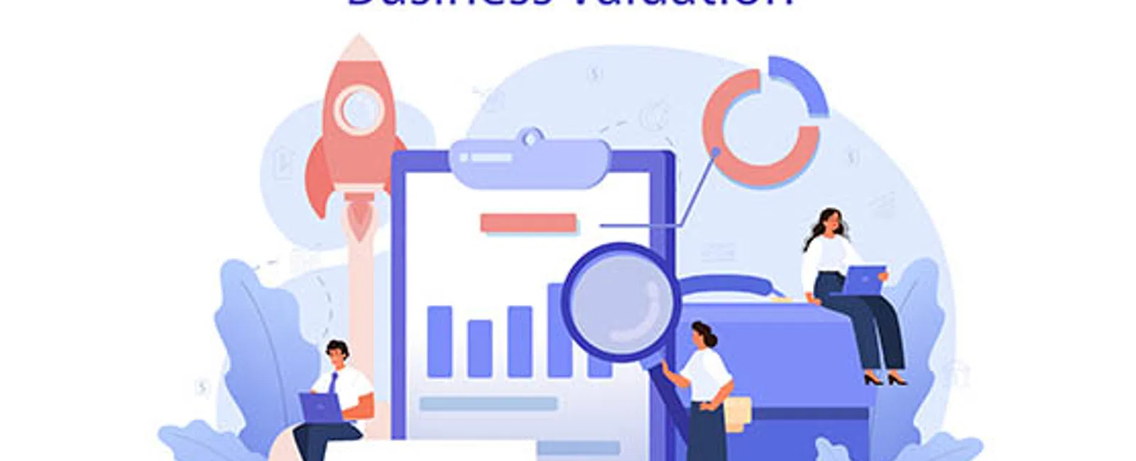 Business valuation concept with people analyzing charts, graphs, and financial data on a large clipboard.
