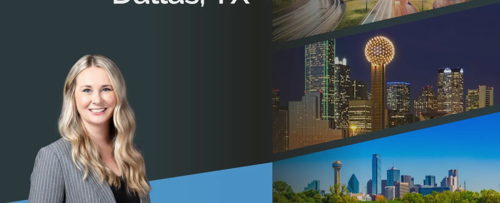 Heidi’s Market of the Month spotlight on Dallas, TX with city skyline photos and a smiling woman in business attire