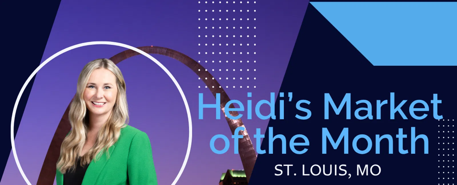 Heidi's Market of the Month St. Louis with city skyline at dusk and portrait of woman in green jacket.