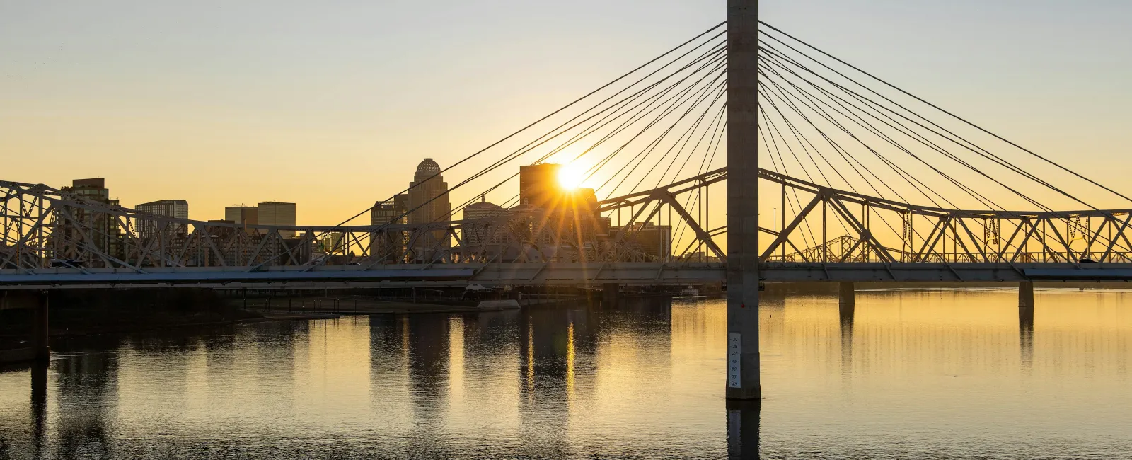 a bridge over water with a city in the background