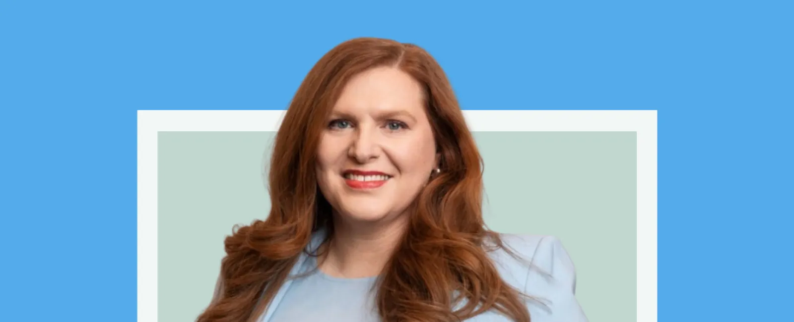 Professional portrait of Sara Milligan, Corporate Director of Operations, against a blue and light green backdrop.