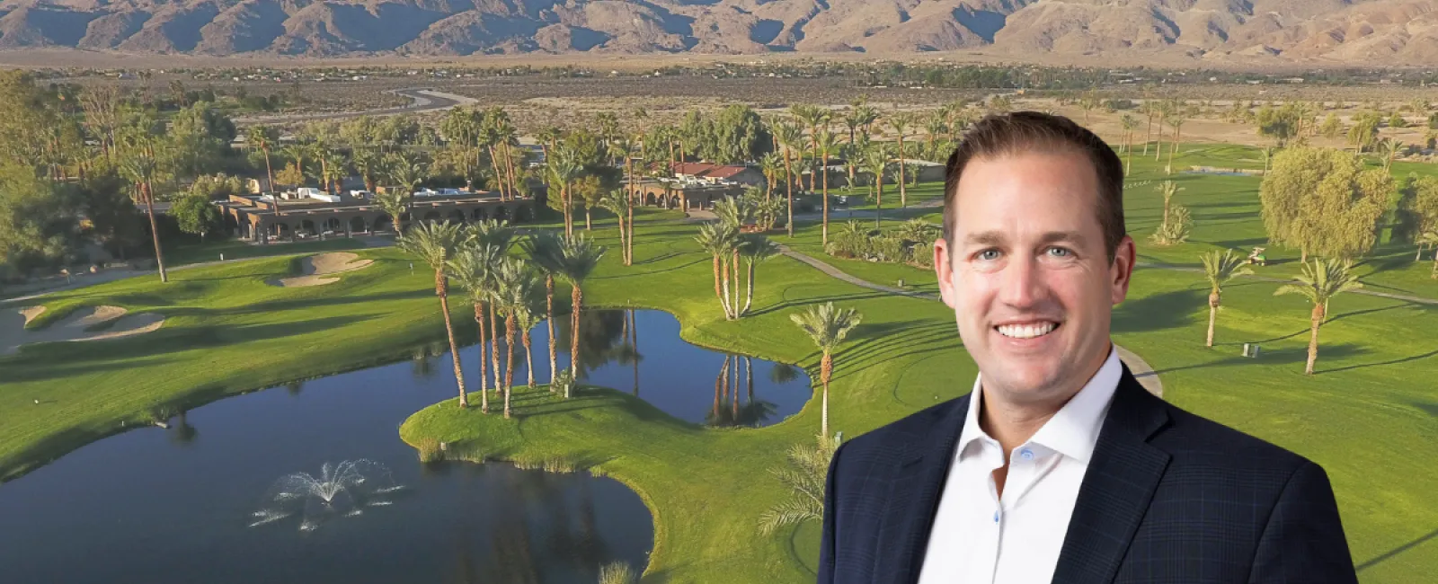 Smiling man in suit stands by a golf course with palm trees and mountains, text says hotels offer more than jobs
