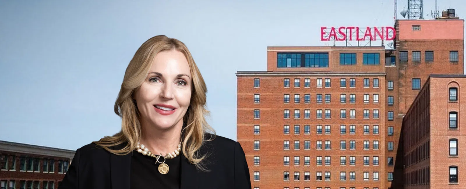 Professional woman standing in front of Eastland building with overlaid text about HVMG employee turnover rates.