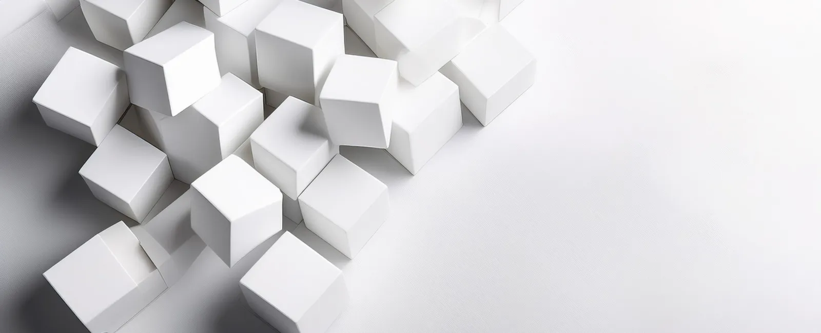 Cluster of white 3D cubes on a white surface with soft shadows creating a modern abstract composition