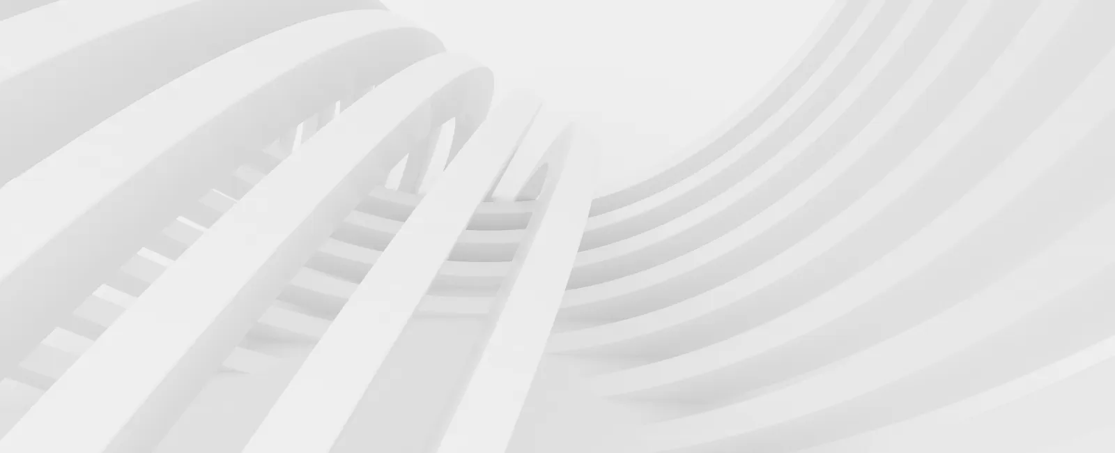 Abstract white architectural structure with curved, parallel beams creating a modern design pattern.