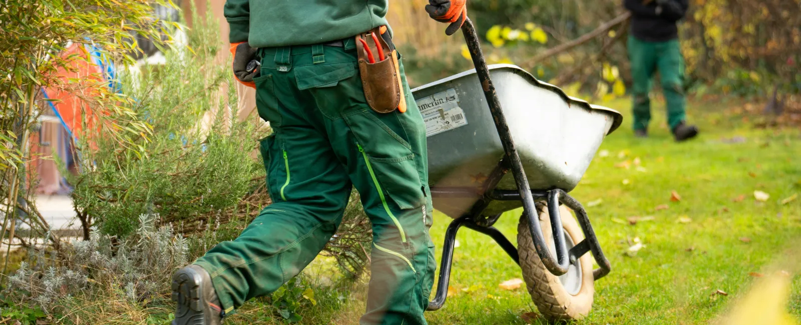 Person in green workwear pushing a wheelbarrow across a grassy garden with another person in background.