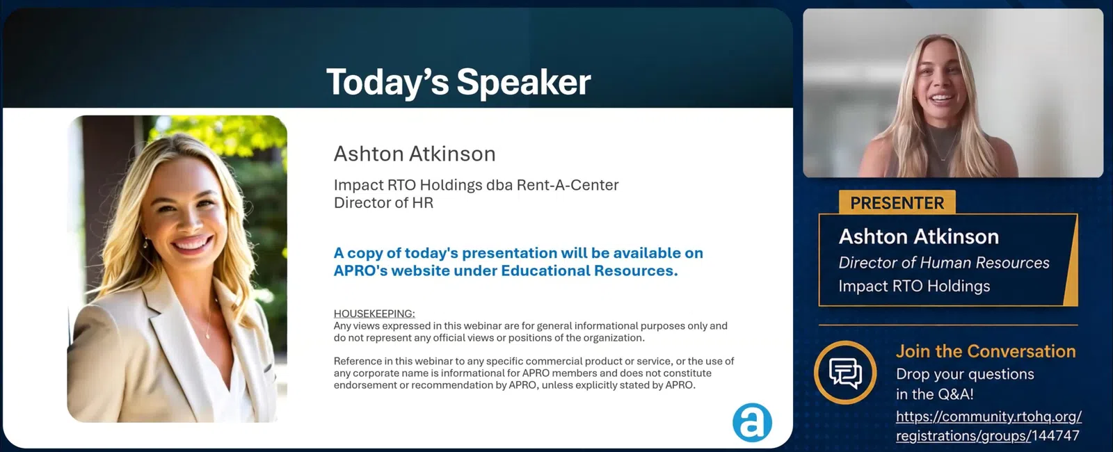 Webinar slide featuring Ashton Atkinson, Director of HR at Impact RTO Holdings, with speaker information and contact details.