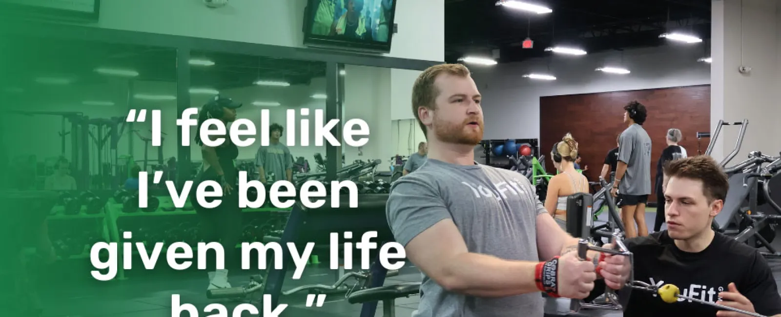 Gym member using rowing machine while personal trainer coaches him, motivational quote overlay.