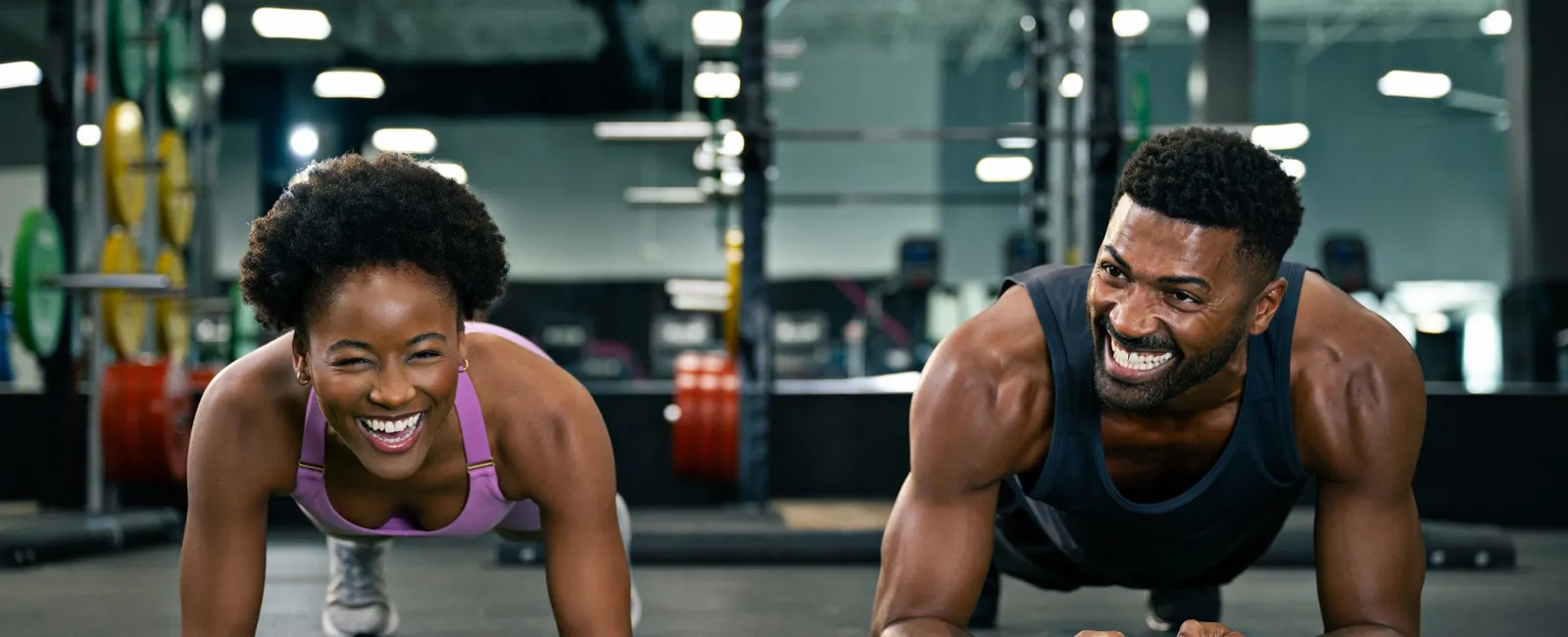 Smiling young man and woman doing planks together on artificial grass in a gym setting.