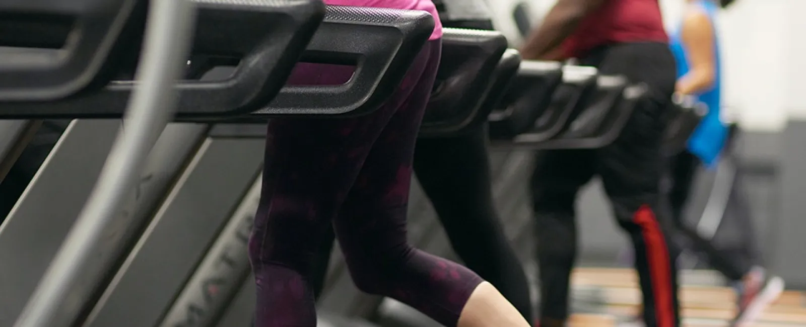 People running on treadmills in a gym with diverse fitness enthusiasts working out.
