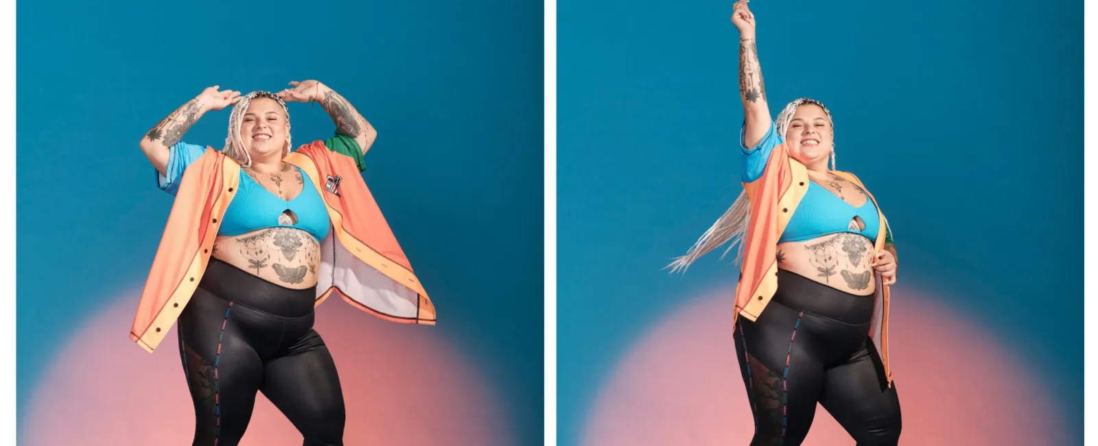 Confident plus-size woman with tattoos posing in vibrant activewear against blue and pink background.