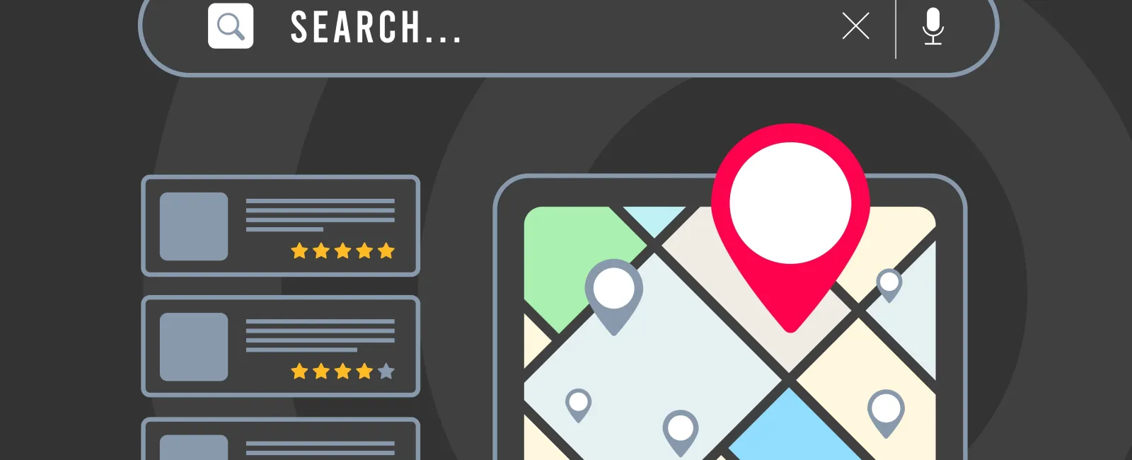 Digital illustration of a search bar with a map and location pins representing local search results and ratings.