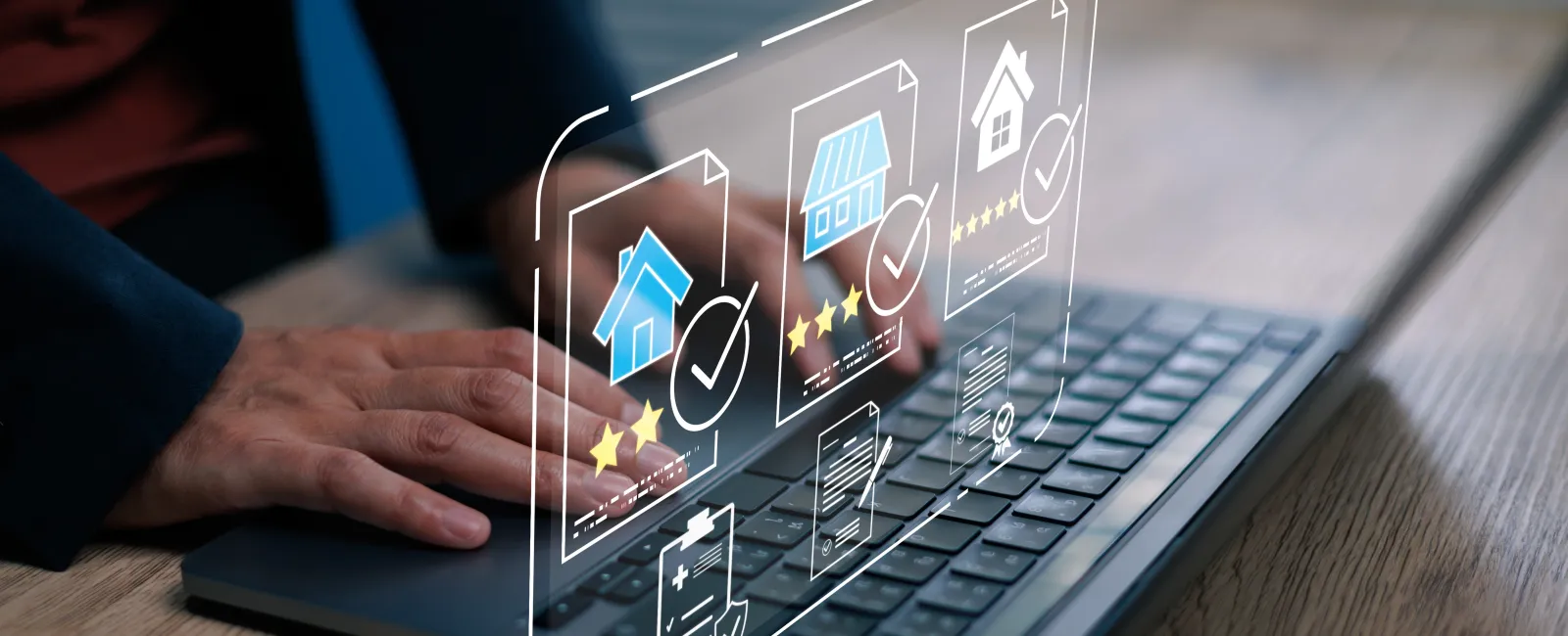 Person browsing and selecting real estate listings with star ratings on a laptop screen.