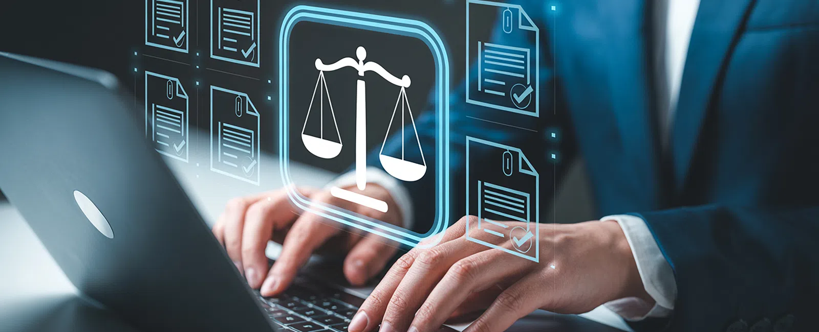 Person in suit typing on laptop with digital legal scales and document icons floating above keyboard.