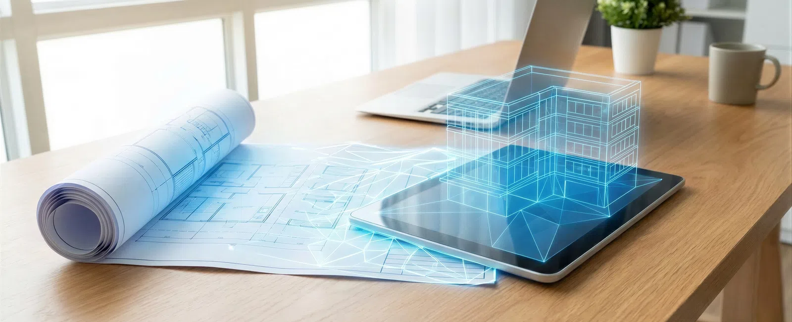 Architectural blueprints on desk with tablet displaying 3D house model and laptop in bright office setting
