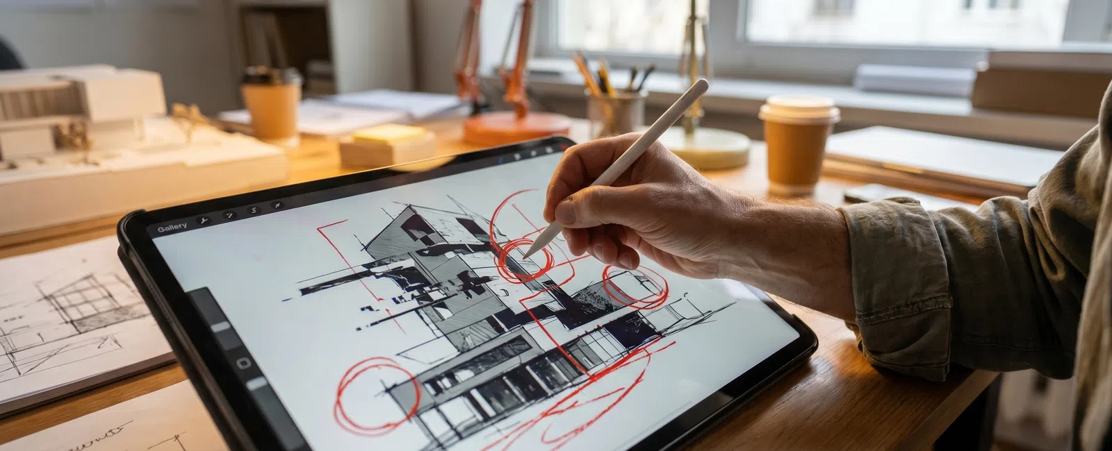 Architect working on digital tablet sketching modern building design with stylus in office workspace.