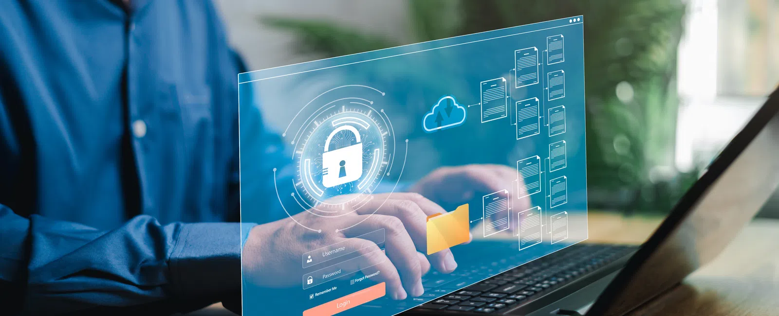 Person typing on laptop with digital security interface displaying lock, cloud, and folders overlay.