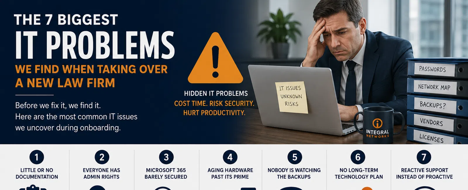 Infographic listing 7 biggest IT problems in new law firms with frustrated man at desk, warning sign, and solutions.