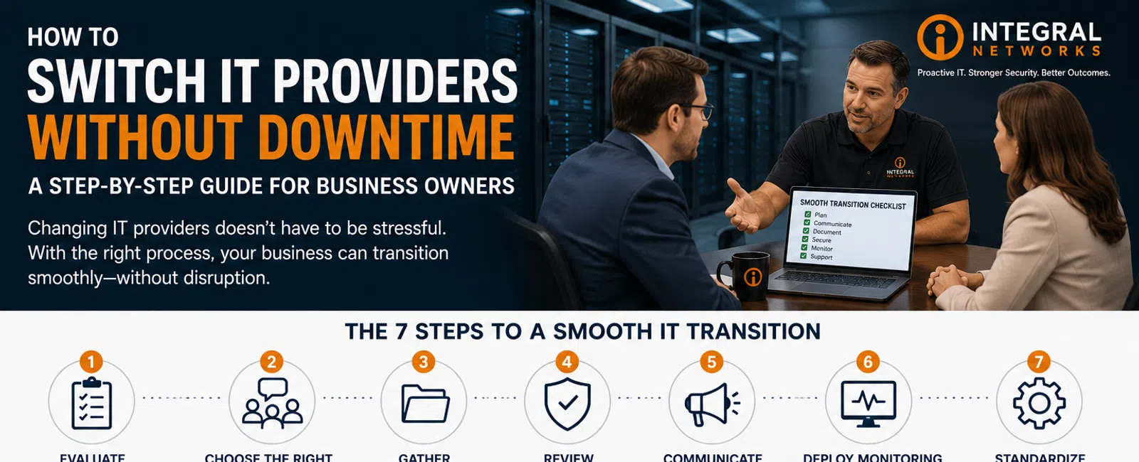 IT providers switching guide with seven steps for smooth transition and business owners team discussion.