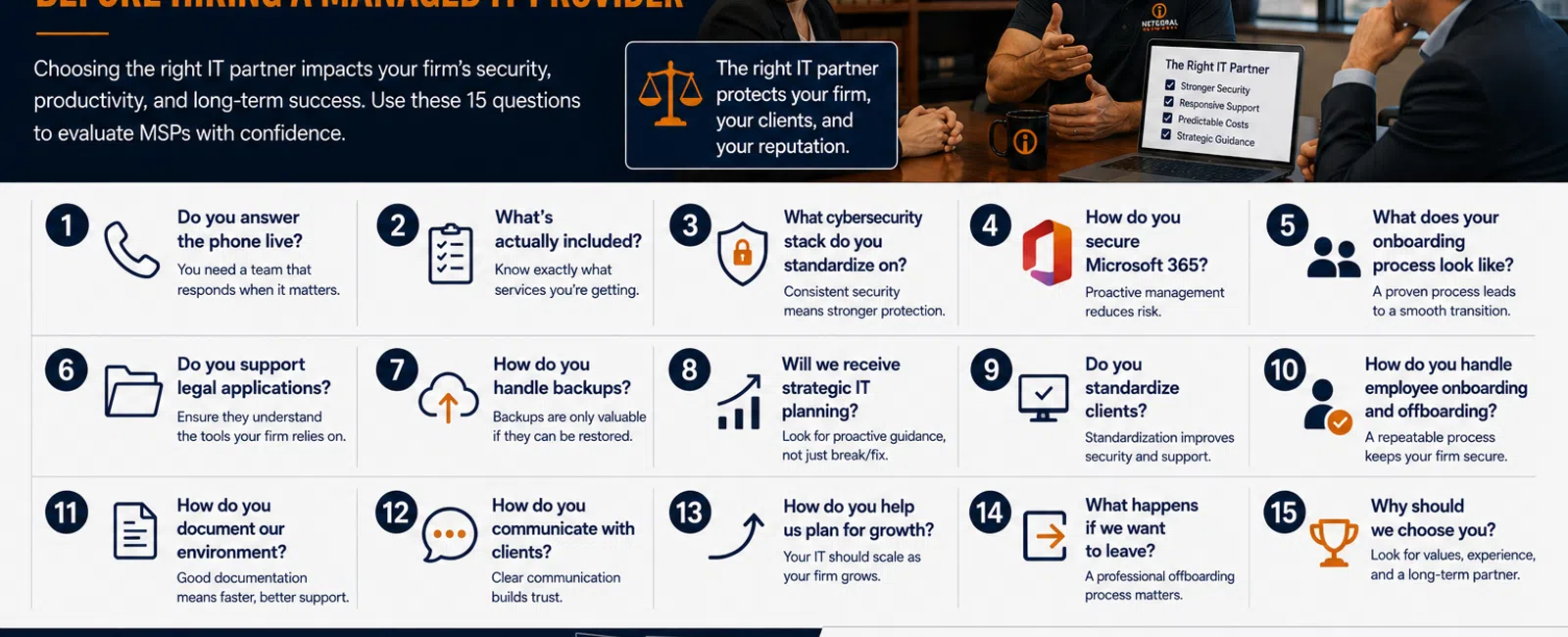 15 questions law firms should ask before hiring an IT provider to protect security and improve productivity.