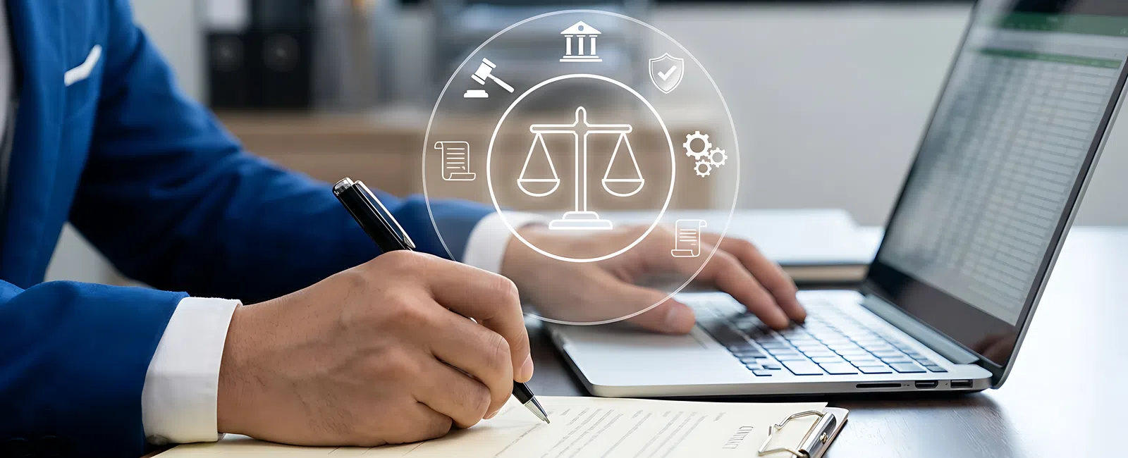 Legal professional writing on a document with virtual justice icons and laptop in modern office setting