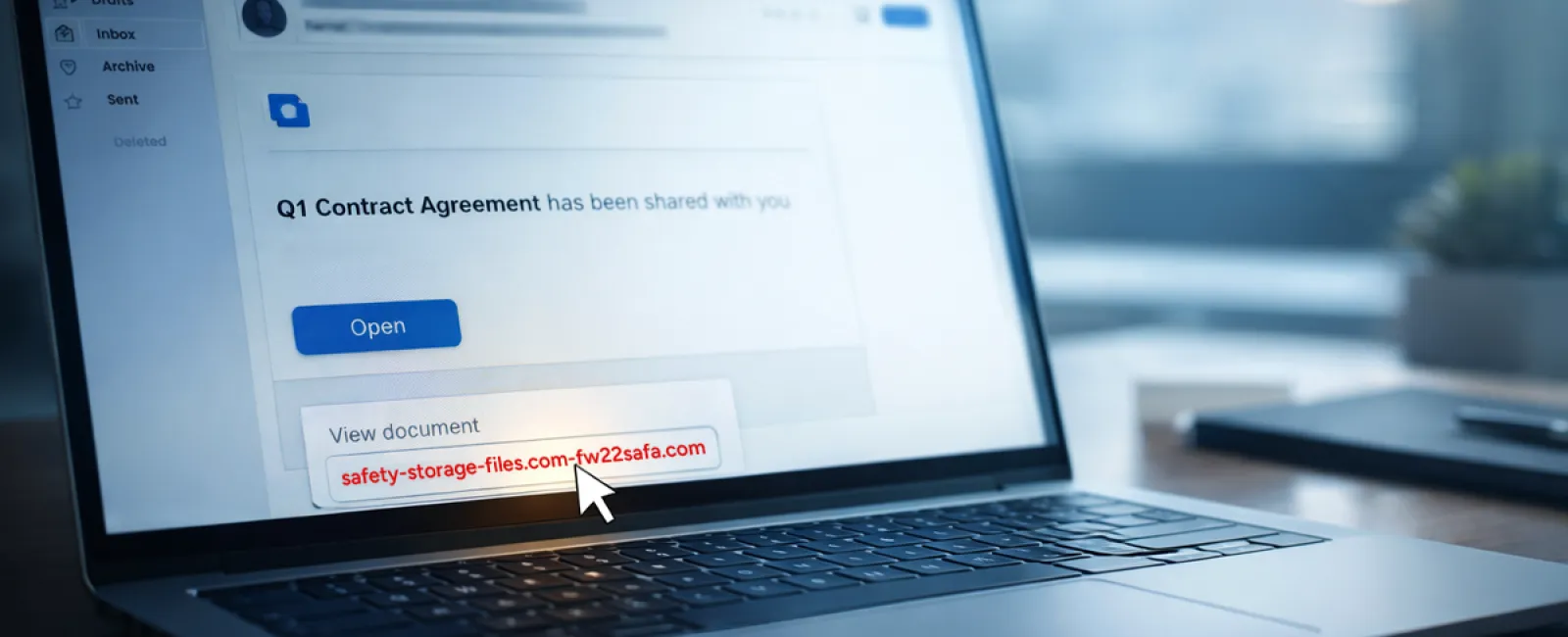 Laptop screen showing an email with a Q1 contract agreement and a suspicious link highlighted by a cursor.
