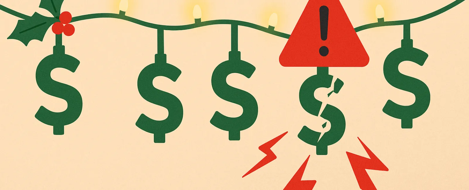 Christmas lights shaped like dollar signs with one cracked and a red warning symbol highlighting financial caution during holidays.