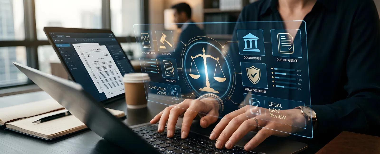 Businesswoman using laptop with digital legal icons like scales, courthouse, and case review overlays on screen.