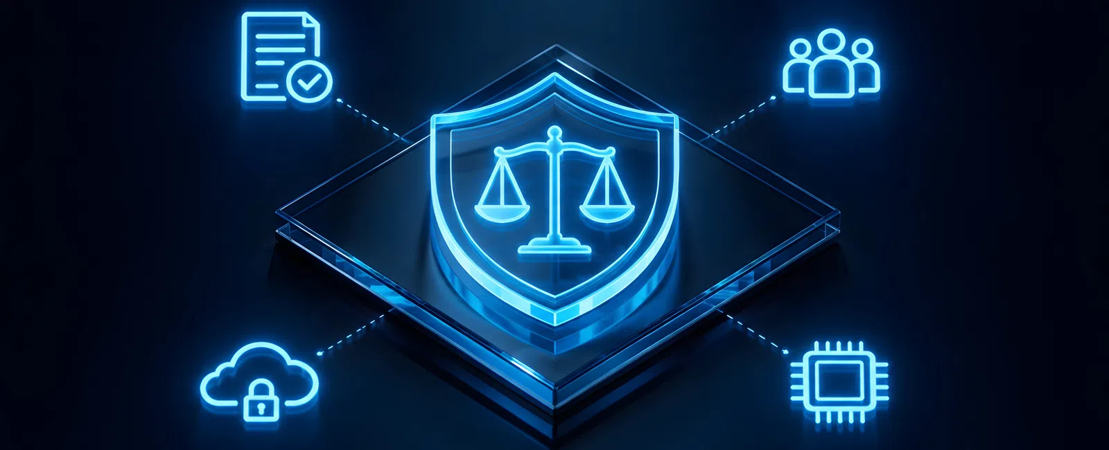 Blue neon icons of legal scales on shield connected to document, users, cloud lock, and processor chip on dark background