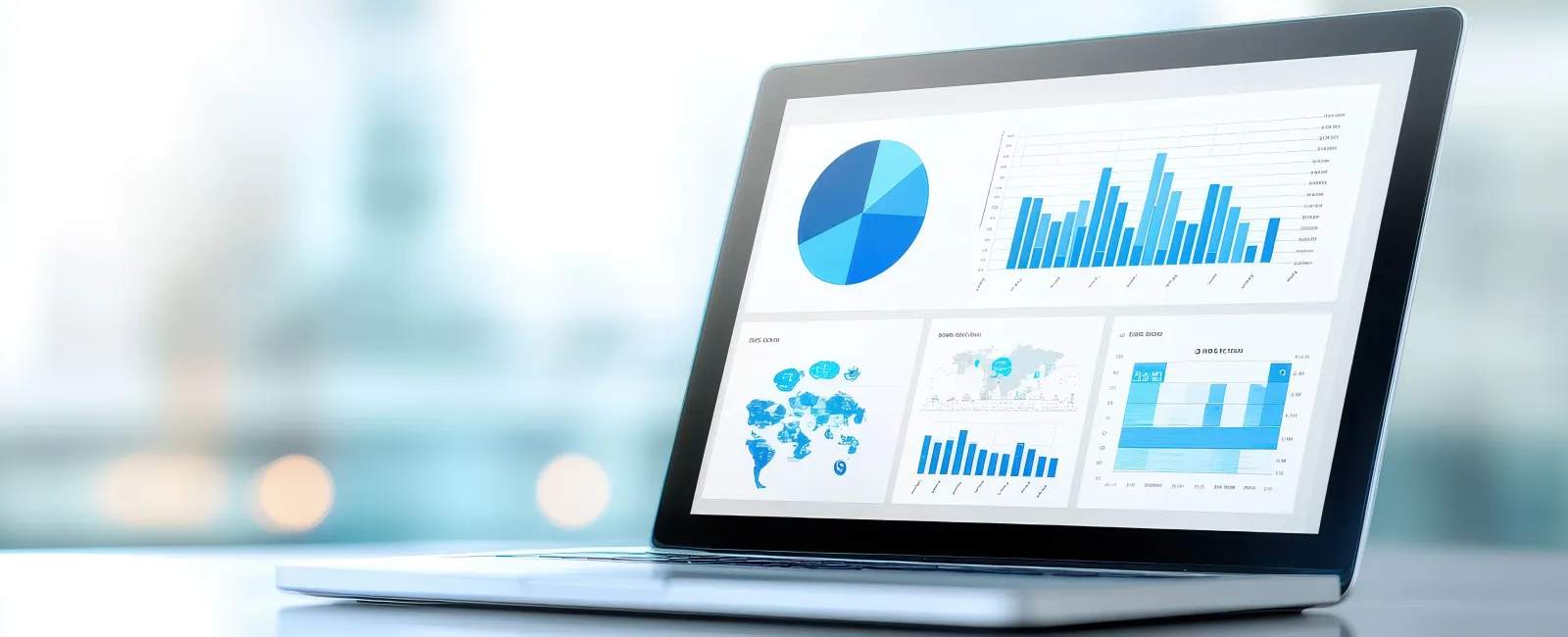 Laptop displaying various blue data visualizations including pie charts, bar graphs, and world maps on screen