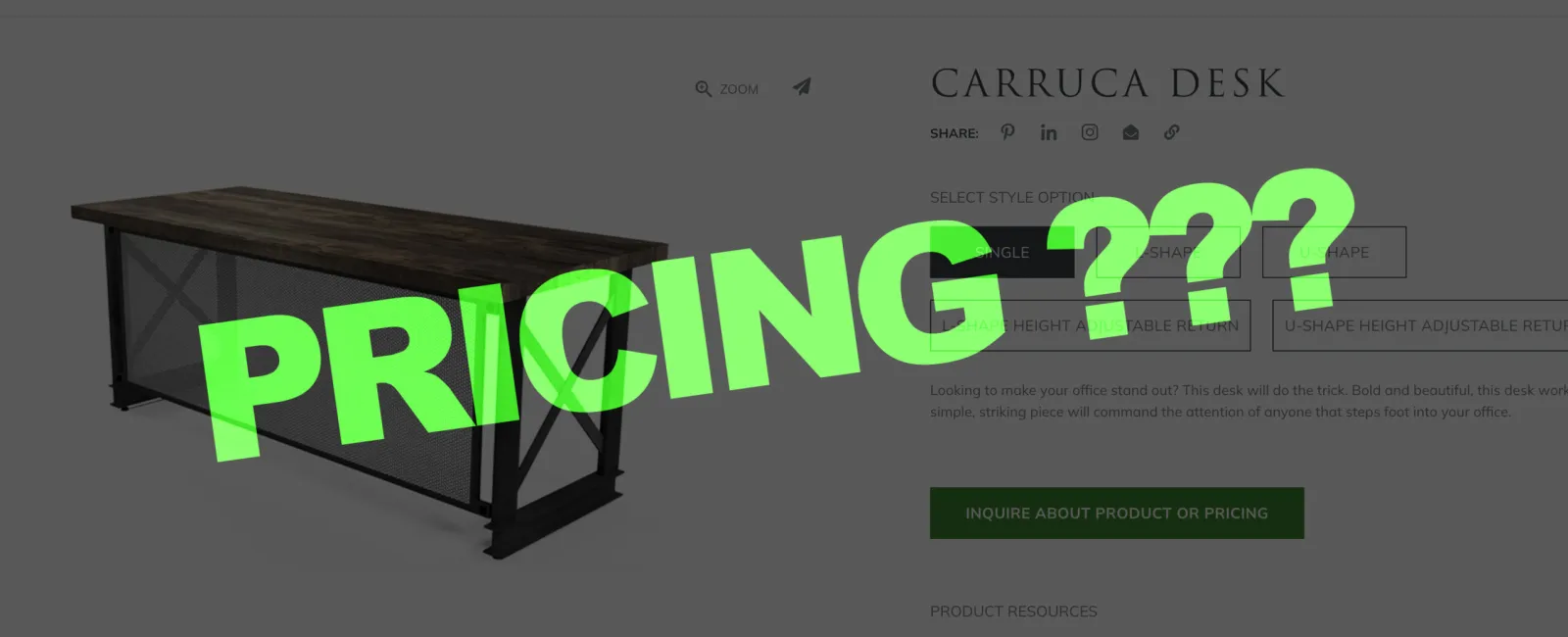 an image of a carruca desk from Iron Age Collection with the word pricing over top