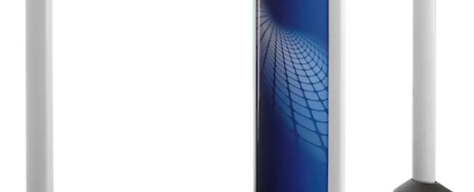 Advanced biometric security gate with a large digital screen and sensor pillars for access control.