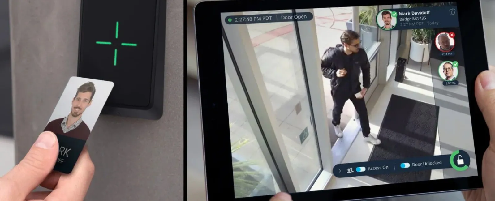 Person using an ID card for access controlling a door through a tablet with live video and facial recognition.