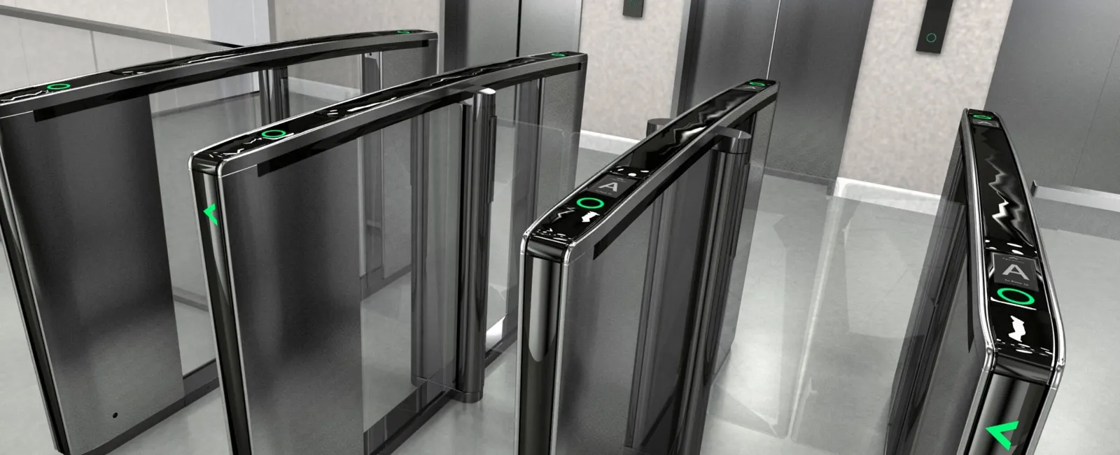 Modern automated glass turnstiles with green arrow indicators in a sleek office lobby area with elevators.