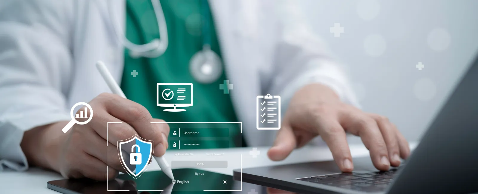 Doctor using a digital tablet and laptop with virtual icons for healthcare data security and analytics