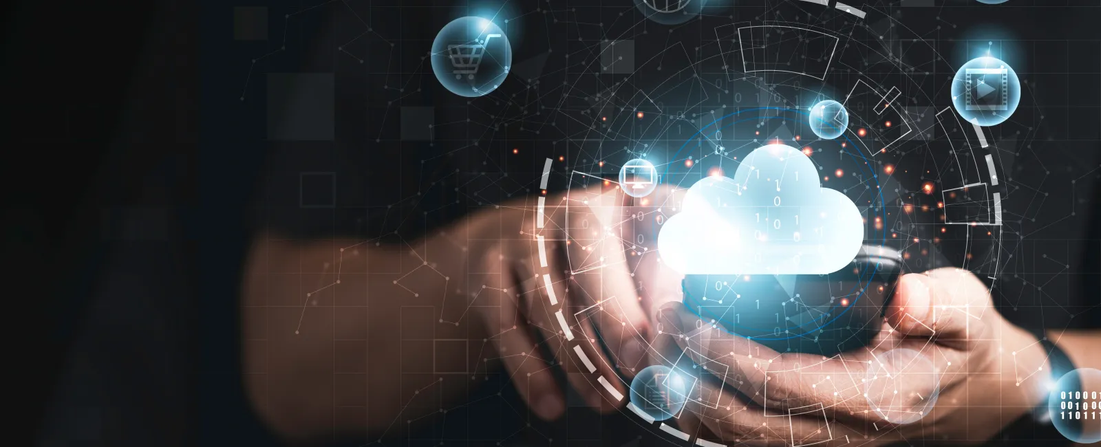 Hands holding smartphone with glowing cloud and digital technology icons representing cloud computing and data exchange.
