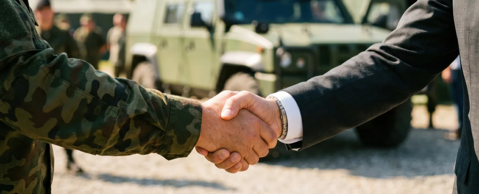 Close-up of a handshake between a person in military uniform and a person in a business suit outdoors near military vehicles