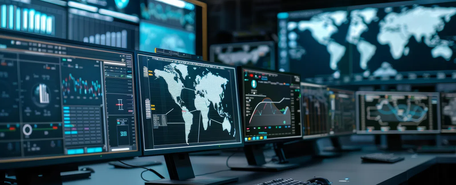 Workspace with multiple computer monitors displaying global maps and data analytics charts in a control room.