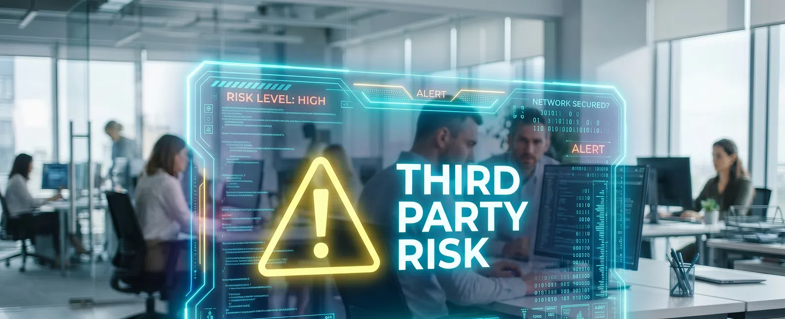 Digital alert displaying high third party risk warning with people working in modern office background.