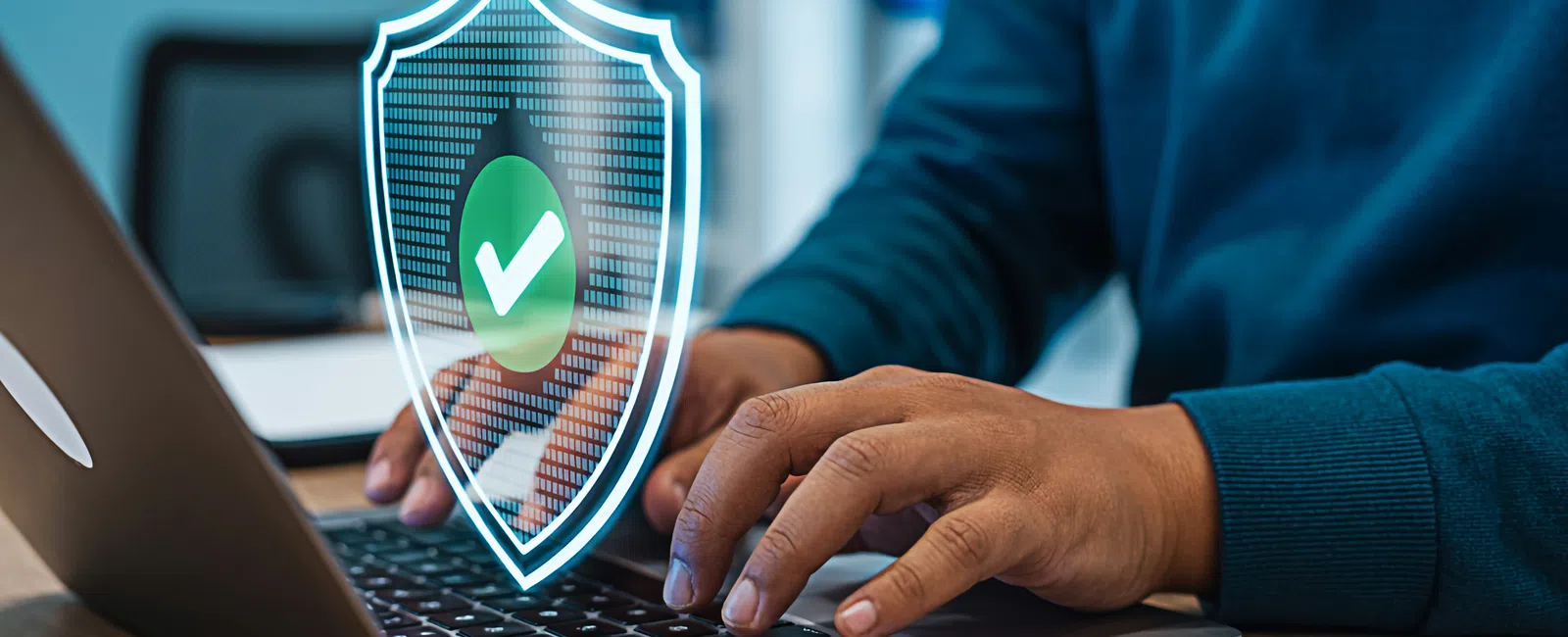 Person typing on laptop with a digital shield and green checkmark symbolizing secure data protection.