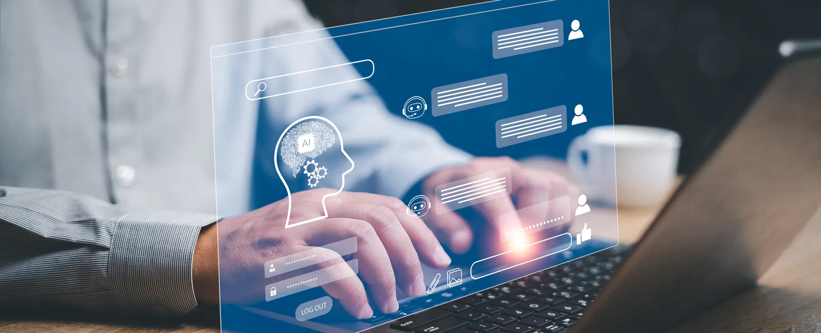 Person typing on laptop with AI chatbot interface and digital icons overlay on wooden desk with coffee cup.