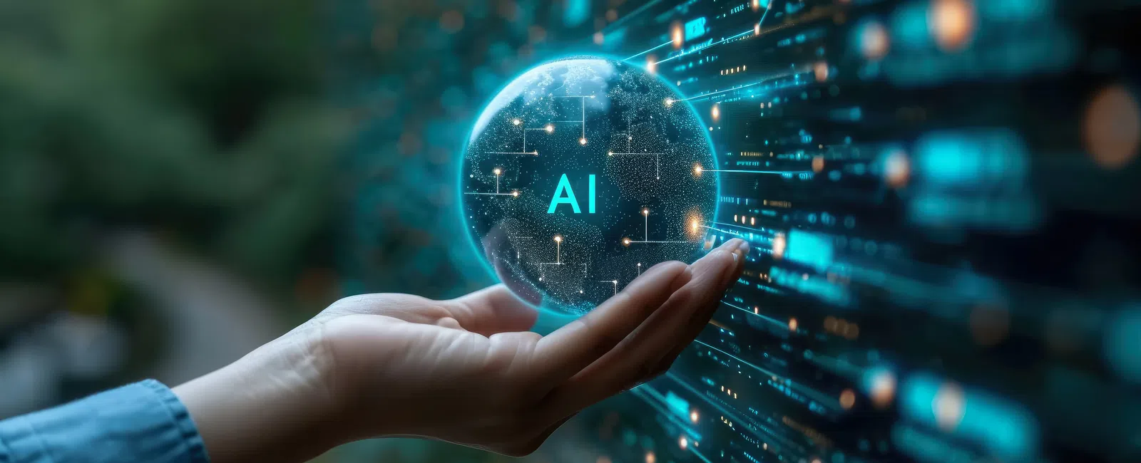 Hand holding a glowing blue digital sphere with AI text surrounded by futuristic data and circuit patterns.