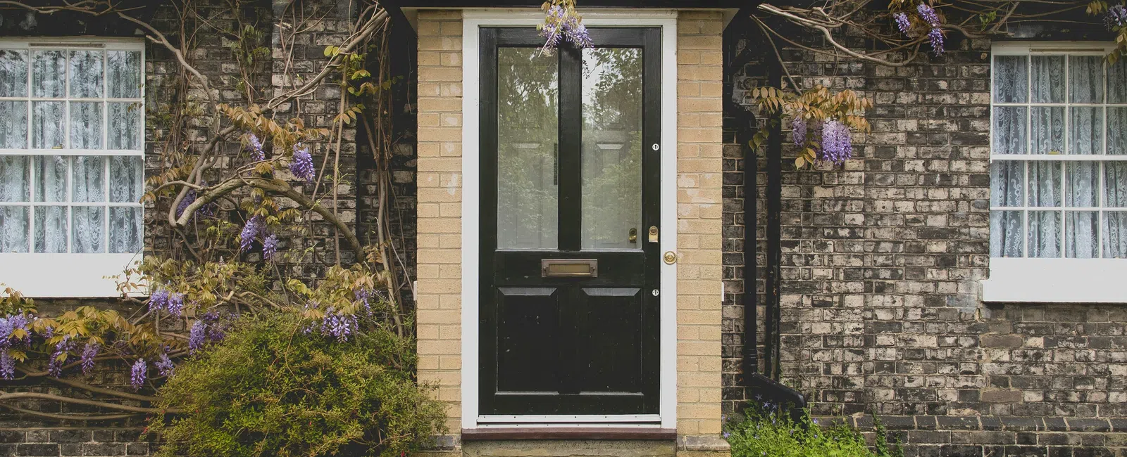 Black front door with curved stone steps on brick house framed by purple wisteria vines and green shrubbery.
